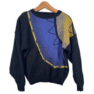 Vintage Feldini Mens Sweater Sz L Artsy Art2Wear Cobalt Gold Wool Blend 90s Y2K